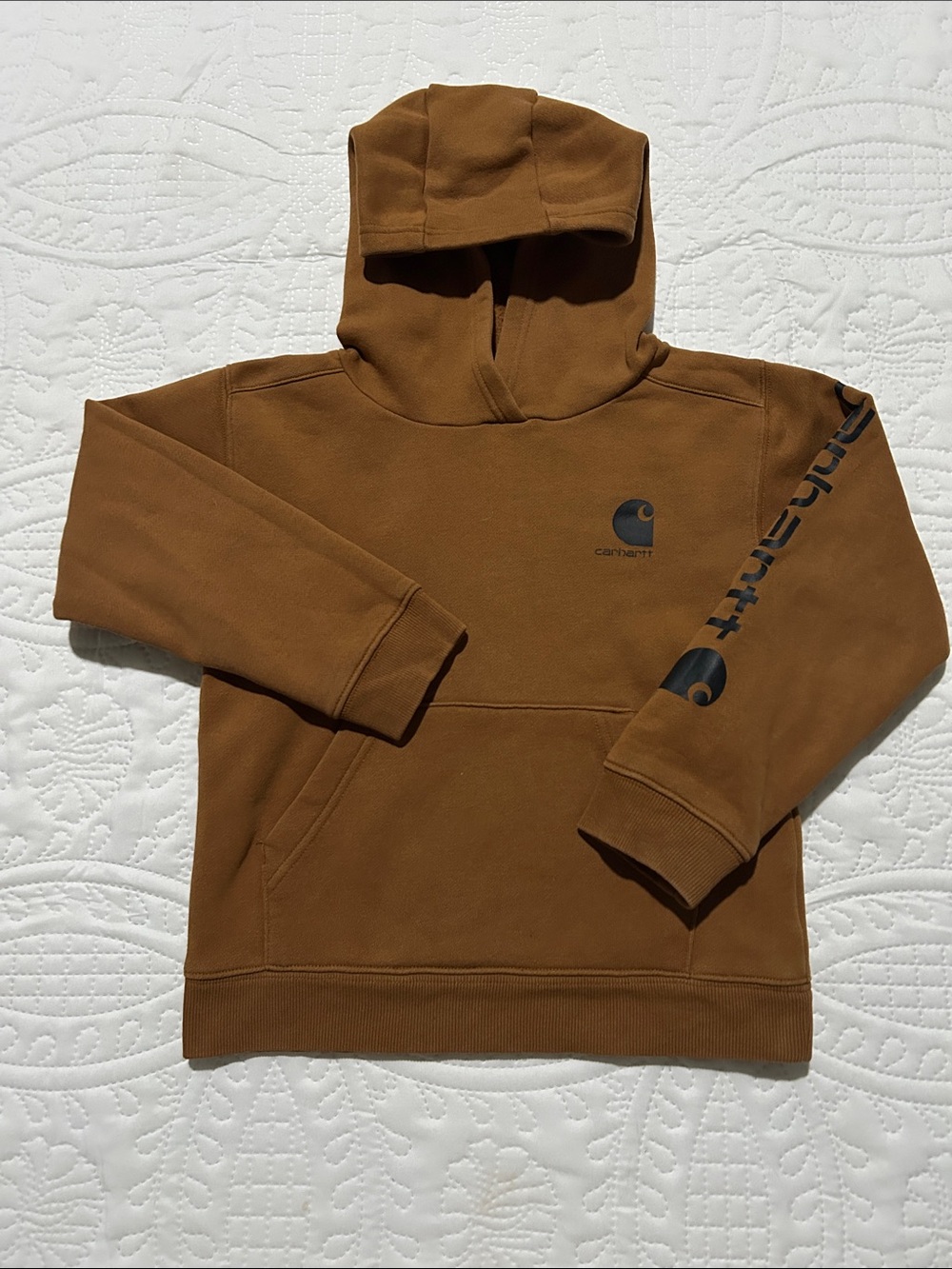 Carhartt kids Brown Hooded Sweatshirt with Logo Sleeve Sz: 6
